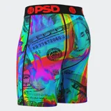 Calzoncillos bóxer estampados con billetes de 100 dólares en colores vibrantes, con pretina elástica negra con logo PSD en rojo.