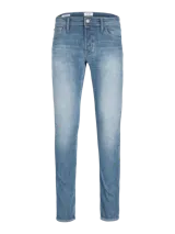 Jean celeste de corte slim fit, con tiro bajo, rodilla ajustada y abertura de pierna ceñida. Cierre con botón y diseño clásico de cinco bolsillos.