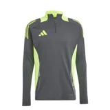 Buzo deportivo Adidas Tiro 24 para hombre, color gris con detalles en amarillo lima. Diseño con cierre de medio largo en el cuello, mangas largas con puños elásticos y logo de Adidas estampado en el pecho.