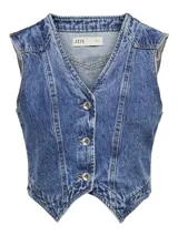Chaleco crop de denim azul con cuello en V y cierre frontal con botones.
