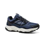 Championes deportivos Skechers Vigor AT Three Corners, color azul marino con detalles en negro y blanco. Capellada de gamuza y material sintético, cordones elásticos, plantilla Air-Cooled Memory Foam y suela de tracción flexible.