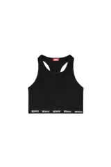 Conjunto de ropa interior Diesel color negro, compuesto por un corpiño deportivo con cuello alto y una tanga. Ambos tienen una banda elástica blanca con el logo de la marca.