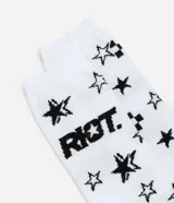 Medias de caña alta blancas con estampado de estrellas negras, cuadros y la palabra 'Riot'.