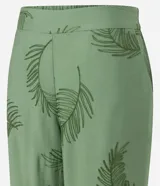 Pantalón wide leg verde con estampado de hojas, de cintura alta con elástico y bordado de follaje.