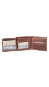 Billetera de cuero marrón con faja combinada en la parte inferior. Interior con compartimentos para billetes, volante, visor y tarjeteros.