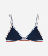 Top de bikini triángulo fijo azul marino con pespuntes en contraste color naranja, blanco y celeste.