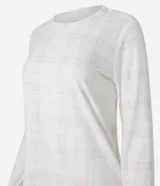 Conjunto de pijama largo de plush con estampado de cuadros, compuesto por una blusa de manga larga y un pantalón.