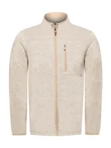 Campera polar color beige jaspeado, con cuello alto, cierre frontal completo y bolsillo vertical con cierre en el pecho.