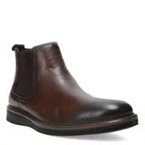 Bota Chelsea de cuero marrón, con elásticos laterales, suela de goma y tirador trasero.