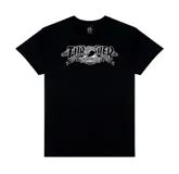 Remera negra de algodón con estampado frontal del logo de Thrasher en blanco con la leyenda "Anti Hero Skateboards".