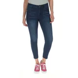Pantalón de jean gris oscuro, corte skinny y tiro medio.