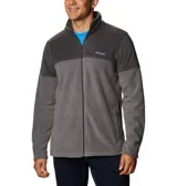 Polar Columbia Basin Trail III Full Zip para hombre, color gris oscuro y gris medio, con diseño de bloques de color. Presenta cuello alto, cierre frontal completo y bolsillos laterales con cremallera.
