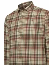 Camisa de franela a cuadros color celeste, naranja y marrón, de manga larga y corte moderno.