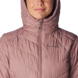 Campera puffer color salmón con capucha, cierre frontal y bolsillos laterales con cierre. Cuenta con tecnología termorreflectante Omni-Heat™ y puños con orificios para los pulgares.