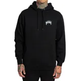 Canguro negro con capucha y diseño gráfico en el pecho, confeccionado en material pesado.
