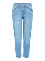 Jean mom de denim de color azul claro, con corte clásico y ajuste alto.