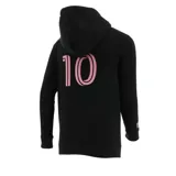 Canguro negro con capucha y cordones rosas, bolsillo tipo canguro y puños acanalados. Logo del Inter de Miami en el pecho y logo de la MLS en la manga.