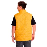 Chaleco acolchado azul marino con cierre frontal, cuello alto y logo de Caterpillar bordado en amarillo en el pecho.