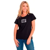 Remera negra de manga corta con cuello redondo y logo metálico de CAT estampado en el pecho.