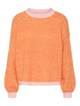 Suéter de punto jacquard color naranja con cuello redondo y ribetes en rosa.