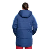 Parka azul marino con mangas azul piedra, cierre frontal con cremallera y botones a presión, capucha y bolsillos laterales.