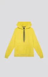 Hoodie amarillo neón de frisa premium con capucha ajustable, corte oversize, cintura y puños elastizados.