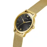 Reloj Guess con caja redonda dorada y esfera negra. Presenta índices dorados y un pequeño cristal en la posición de las 12. La correa es de malla metálica dorada.
