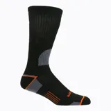 Pack de tres pares de calcetines unisex de caña media, con ajuste elástico. Incluye un par gris con detalles en naranja, un par rojo con detalles en gris y un par negro con detalles en gris.
