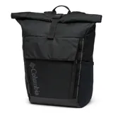 Mochila Columbia unisex color negro, modelo Convey III 27L. Confeccionada en poliéster resistente al agua, con cierre enrollable, capacidad de 27 litros y funda interna para laptop de 15 pulgadas. Cuenta con respaldo de malla transpirable, tirantes acolchados ergonómicos, cinta pectoral ajustable, dos bolsillos para botellas de agua y un bolsillo frontal con cremallera.