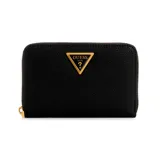 Billetera Guess Cosette negra con logo triangular dorado. Incluye tres bolsillos deslizantes, un bolsillo con cierre, seis ranuras para tarjetas y una ventana de identificación.
