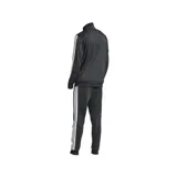 Conjunto deportivo Adidas negro con campera de cuello alto con cierre y pantalón largo. Ambos con logo de la marca en blanco y tres franjas blancas en los laterales.