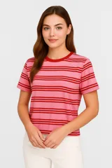 Remera de manga corta color rosa con rayas horizontales rojas y cuello redondo rojo.