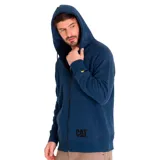 Buzo con capucha Caterpillar, color azul marino, con cierre frontal, bolsillos tipo canguro, puños y cintura acanalados. Logo de Caterpillar bordado en el bolsillo y estampado en la manga derecha.