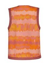 Chaleco largo sin mangas con estampado abstracto en tonos rosa, beige y blanco.
