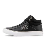 Zapatillas de caña media John Foos modelo 178 Blend Up, de ecocuero negro combinado con lona negra. Presentan apliques de lona en la lengüeta y el cuello, isologo bordado en beige, relleno espumado en el cuello, plantilla extraíble, cordones negros, ojalillos color bronce y suela exterior beige con banda y cierre de talón blancos.