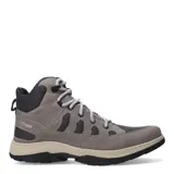 Bota de caña media color gris topo, con cordones y detalles en tela de red negra. Suela de goma negra y beige.