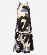 Vestido evasê largo midi de frente única, confeccionado en viscosa, con estampado de hojas en tonos beige, negro y celeste.