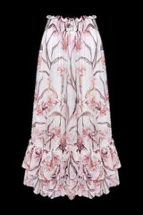 Falda midi de gasa color blanco con estampado floral en tonos rosados y rojizos. Tiene cintura elastizada y doble capa de volados en el ruedo.