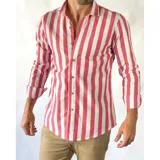 Camisa a rayas en colores rojo y blanco, con corte ajustado y mangas largas.