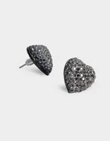 Aros pasantes con forma de corazón cubiertos de strass color gris oscuro.