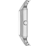 Reloj Fossil para mujer, con caja rectangular plateada, dial blanco con números romanos y agujas plateadas, y pulsera de acero plateado.