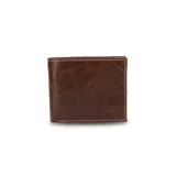 Billetera de cuero color negro, con interior liso y visor para tarjetas. Cuenta con espacio para 12 tarjetas y compartimento para billetes con cierre interno.