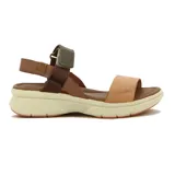 Sandalias de cuero color marrón claro, con plataforma blanca y suela color ladrillo. Tiene una tira ancha sobre los dedos y una pulsera con velcro en el tobillo.