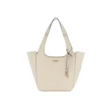 Cartera de hombro Guess modelo Helina, color blanco con textura granulada y logo dorado en el frente. Incluye llavero con dijes colgantes.