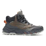 Bota de media caña Skechers Relaxed Fit: Brockmont - Gerard, color marrón y gris con detalles en naranja. Capellada de malla, material sintético y gamuza. Cuenta con plantilla Air-Cooled Memory Foam y amortiguación Skechers Goga Mat Arch.