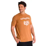 Remera color ocre con cuello redondo y mangas cortas. Estampado frontal con el logo de Caterpillar y el dibujo de una máquina excavadora.