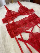 Conjunto de lencería de encaje rojo, compuesto por un bralette con tanga de tira doble regulable, portaligas desmontable y ligas regulables.