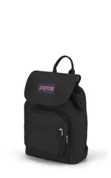Mochila mini de poliéster color negro con logo JanSport en el frente, asa de mano y bolsillo frontal con cierre.