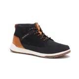 Bota de caña media Caterpillar Quest Mid, color negro con detalles en marrón y cordones bicolores.