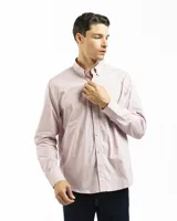 Camisa azul marino de manga larga con cuello abotonado y corte clásico.